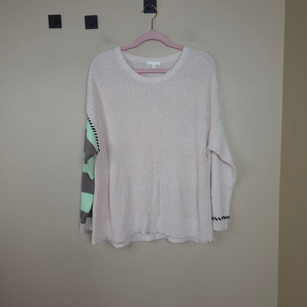 Lisa Todd Stripped Sleeve Crewneck Knit Pullover Sweater in Cream Size L